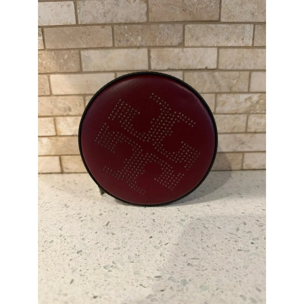 Tory Burch Round Leather Cosmetic Case Travel Jewelry Pouch Burgundy Zip Bag